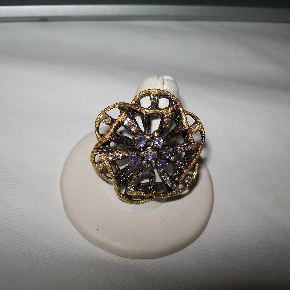 BIG NATURAL TANZANITE FLOWER CUSTOM COCKTAIL RING SIZE 7.5  13GRAMS